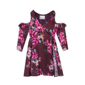 Rare Editions Girls Wine Floral Print Wrap Dress